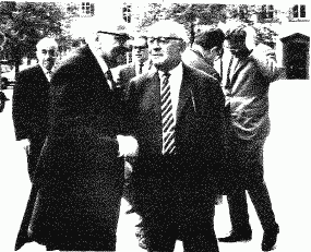 Max Horkheimer (front left),  (front right), and  in the background, right, in  at 