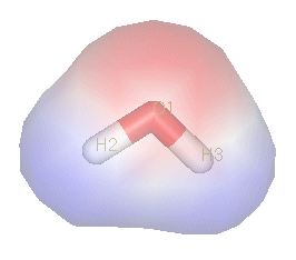 A commonly-used example of a polar compound is  (2). The  of water's hydrogen  are strongly attracted to the oxygen atom, and are actually closer to oyxgen's  than to the hydrogen nuclei; thus, water has a relatively strong negative charge in the middle (red shade), and a positive charge at the ends (blue shade).