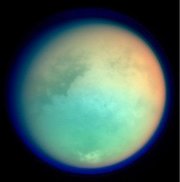 Titan in false colour showing surface details and atmosphere. Photographed on October 26, 2004 by the  spacecraft