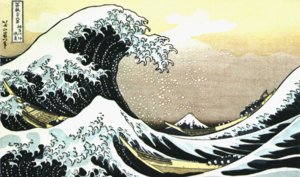 There is a common misconception that tsunamis behave like wind-driven waves or swells (with air behind them, as in this celebrated 19th century  by ). In fact, a tsunami is better understood as a new and suddenly higher sea level, which manifests as a shelf or shelves of water. The leading edge of a tsunami superficially resembles a breaking wave but behaves differently: the rapid rise in sea level, combined with the weight and pressure of the ocean behind it, has far greater force.