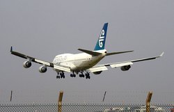 An Air New Zealand Boeing 747 lands at London (Heathrow) Airport