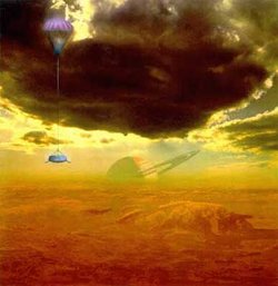 An artist's impression of the Huygens probe as it descends through Titan's murky, brownish-orange atmosphere of nitrogen and carbon-based molecules, beaming its findings to the distant Cassini orbiter. The real images suggest that Titan's sky is in fact shrouded in thick cloud making Saturn invisible (and in any case, Saturn never rises above the horizon at the probe's landing site).