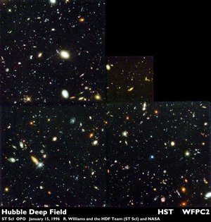 A region of the Hubble Deep Field containing nearly a thousand faint galaxies.