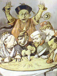 A shocked mandarin in  robe in the back, with  (UK),  (Germany),  (Russia),  (France), and a  (Japan) stabbing into a plate with Chine ("China" in French) written on it