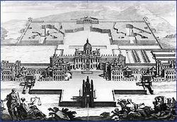 John Vanburgh's complete project for Castle Howard, which was not all built. Click on the image for an explanation.