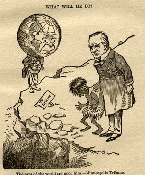 1898 US Political Cartoon.   is shown holding the Philippines, depicted as a savage child, as the world looks on. The implied options for McKinley are to keep the Philippines, or give it back to Spain, which the cartoon compares to throwing a child off a cliff.