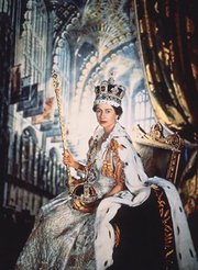 Queen Elizabeth wearing the Imperial State Crown and holding the Sceptre with the Cross and the Orb