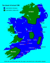 The extent of Norman control of Ireland in 1300.