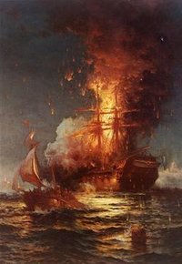 Burning of the frigate Philadelphia in the harbor of Tripoli, , , by , painted , depicts a naval action of the First Barbary War.