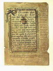 The  contains the oldest known Galeic text from Scotland, here seen in the margins of a page from the Gospel of Matthew.