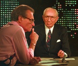 Church President Gordon B. Hinckley in an interview with his friend, broadcaster , c. 1998. Courtesy .