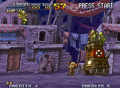 Screenshot from Metal Slug X. The symbol on the enemy tank is a parody of the  