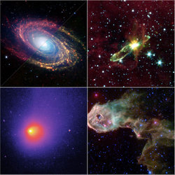 Clockwise from the upper-left: Infrared views of spiral galaxy Messier 81; Embedded outflows from Herbig-Haro 46/47 protostar; Protostars uncovered in multiple views of dark globule in IC1396; and Comet Schwassmann-Wachmann 1.