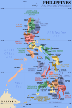 Map of the Philippines showing all the regions and their provinces