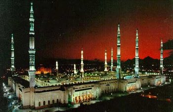 The Prophet Mosque in Medina; the mosque has the Shrine of the Prophet Muhammad in the middle, also known as Gumbad-e-Khizra or Dome of the Prophet