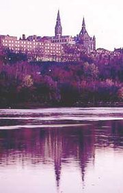 View of Healy Hall and New South Hall from across the Potomac River in 1999