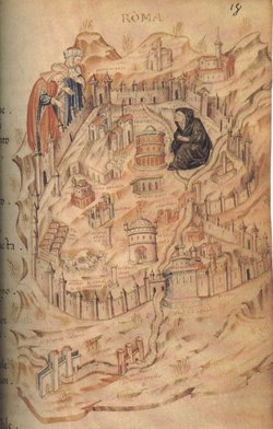 A medieval map of Rome from a manuscript of the period (Paris, Bibliothque Nationale, MS Ital. 81, folio 18).  The illustration shows Rome personified as widow grieving the loss of the papacy.