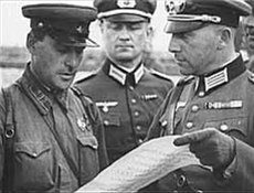 Soviet and German soldiers meeting after the Soviet invasion of Poland