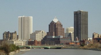A portion of Rochester's skyline, looking north along the Genesee River from the Ford Street Bridge