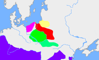 The  (green) in the first half of the . The map shows the extent of the  () in red,  a Baltic culture (?) in yellow, and  the Debczyn Culture, pink. The  is purple.