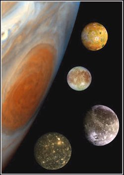 's 4 Galilean moons, in a composite image comparing their sizes and the size of Jupiter ( visible). From the top, they are , , , 