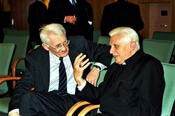Ratzinger debates with German philosopher Jrgen Habermas at the Catholic Academy of Bavaria, Germany in 2004.