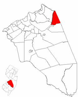 North Hanover Township highlighted in Burlington County. Inset map: Burlington County highlighted in the State of New Jersey.