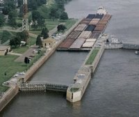 Barges at a lock on the Mississippi River