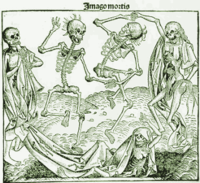 Around the middle of the 14th century, the  ravaged in Germany and Europe. From the Dance of Death by  ()