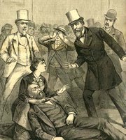 President Garfield just after he was shot, as depicted in engraving from 1881 newspaper.