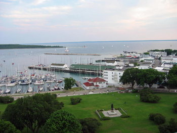 A view of downtown Mackinac Island and the harbor.