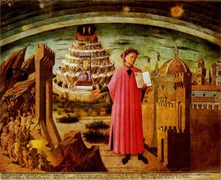  shown holding a copy of The Divine Comedy, next to the entrance to Hell, the seven terraces of Mount Purgatory and the city of Florence, in 's fresco.