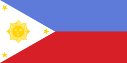 This is a depiction of the original flag of the Philippines as it was conceived by Gen. Emilio Aguinaldo. The blue was of a lighter shade than the currently mandated royal blue, the sun had many more rays although it still had eight points, and it has a mythical face.