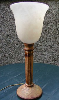 A modern uplighter lamp made completely from Italian alabaster (white and brown types). The base is 5 inches (13 cm) in diameter