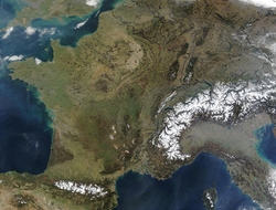 Satellite image of western Europe, including metropolitan France