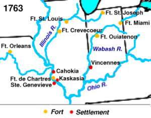French settlements and forts in the Illinois Country in 1763, showing U.S. current state boundaries.