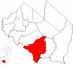 Downe Township highlighted in Cumberland County. Inset map: Cumberland County highlighted in the State of New Jersey.