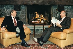 Reagan, left, in one-on-one discussions with , the General Secretary of the Communist Party of the USSR from 1985 to 1991.