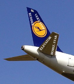  The tail of a Lufthansa Airbus A319, showing flight controls (Stab. means Stabiliser)