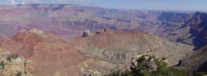 The Grand Canyon from Navajo Point. The Colorado River is to the right and the North Rim can be seen to the left in the distance. Also visible is nearly every sedimentary layer described in this article.