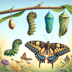 A detailed illustration depicting the metamorphosis of a butterfly. It includes four distinct stages: 1) Egg on a leaf, showing the initial phase of the butterfly's life cycle. 2) Caterpillar, representing the larval stage, with a focus on its distinct pattern and segments. 3) Chrysalis, hanging from a branch, capturing the transformative pupal stage. 4) Adult butterfly, with colorful wings fully spread, symbolizing the final stage of metamorphosis. 