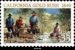 A U.S. postage stamp depicts '49ers of the California Gold Rush.