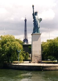 The  copy on the river  in Paris, France. Given to the city in 1885, it faces west, toward the original Liberty in .