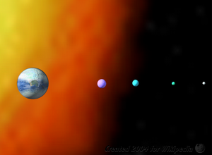The above illustration shows Darkover as the planet on the left with its four moons: Liriel, Kyrrdis, Irdriel and Mormallor. In the background is a representation of the Cottman red giant star.