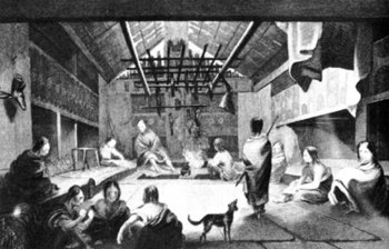Interior of a Chinookan plankhouse in the 1850s