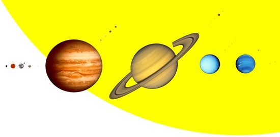 The planets of the Solar System, accompanied by their main satellites, profiled against the limb of the Sun