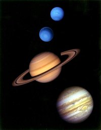 From top: Neptune, Uranus, Saturn, and Jupiter.