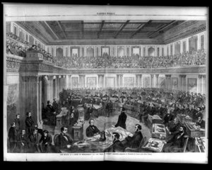 The Senate has the power to try impeachments. Shown above is the impeachment trial of .