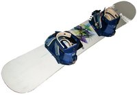 A snowboard with boot bindings