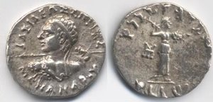 Silver  of Menander I (160-135 BC). Obv:  legend, BASILEOS SOTHROS MENANDROY lit. "Saviour King Menander".  Rev:  legend: MAHARAJA TRATASA MENADRASA "Saviour King Menander".  advancing right, with thunderbolt and shield.
